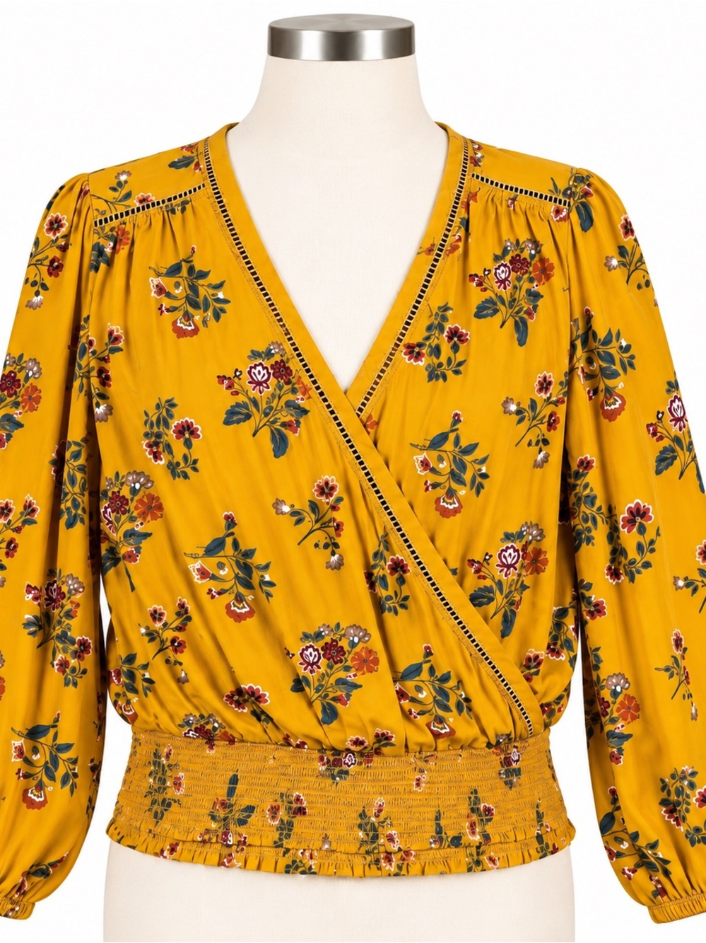 St. John's Bay Mustard Floral Wrap-Style Blouse Medium size